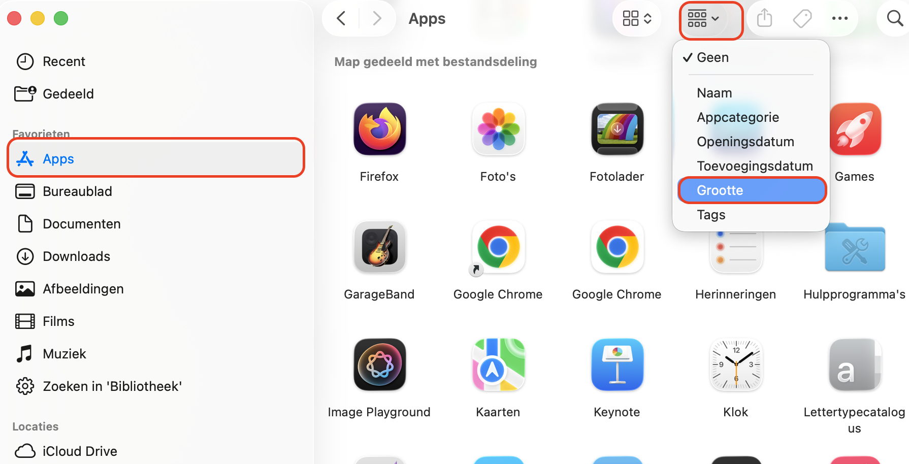 In Finder, open de map Applicaties, schakel over naar lijstweergave via het menu Weergave en sorteer items op Grootte om grote apps te identificeren.