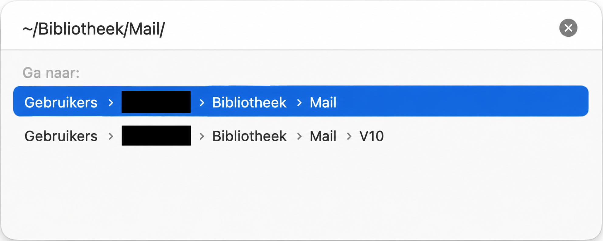 Het Ga naar map-veld in de Finder op een Mac. Het pad ~/Library/Mail wordt weergegeven. Tweede stap van de handleiding om de mailcache handmatig te verwijderen.