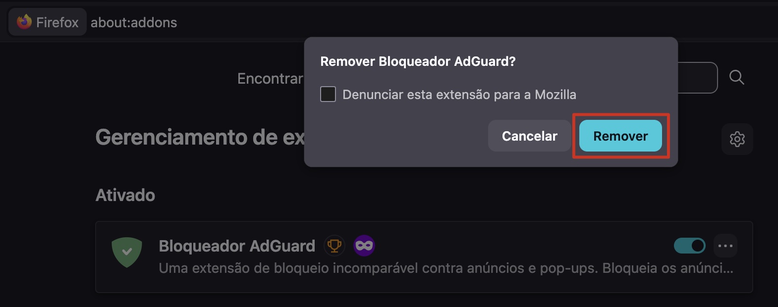 Para finalizar a exclusão da extensão do Firefox no seu MacBook, clique em Remover na nova janela.