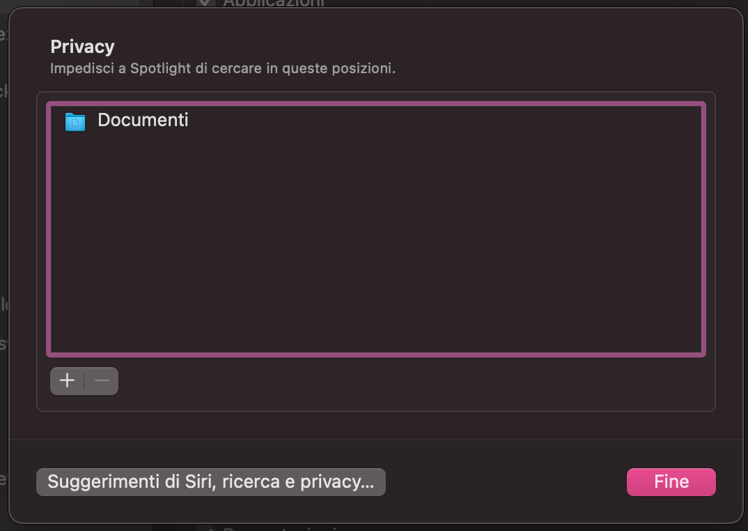 Trascina i file o le cartella che vuoi indicizzare in Spotlight. Poi fai clic sul pulsante – per rimuoverli dall’elenco. Successivamente, seleziona Fine: l’indicizzazione dovrebbe completarsi a breve.
