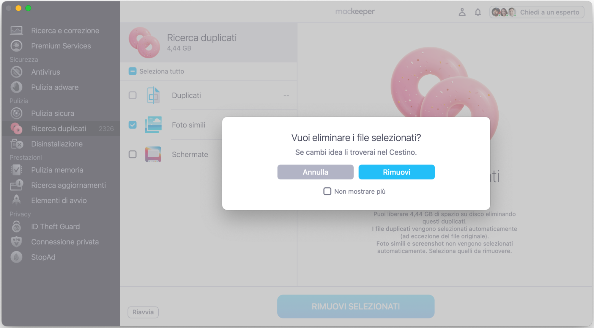 Clicca Rimuovi nella finestra pop-up per confermare l’eliminazione.