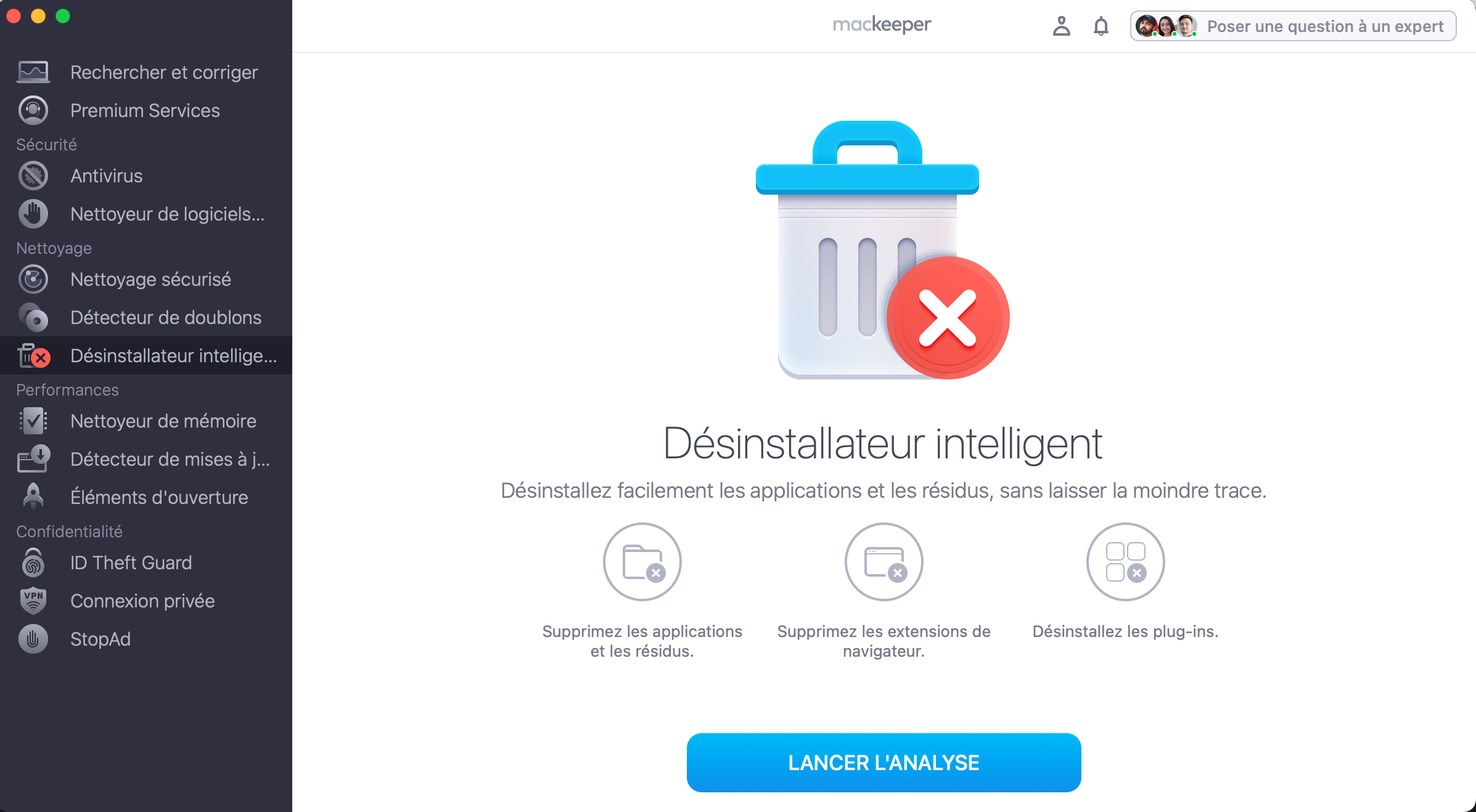Pour supprimer complètement une application de votre Mac, lancez Mackeeper, sélectionnez Désinstallateur intelligent, puis cliquez sur Lancer l'analyse.