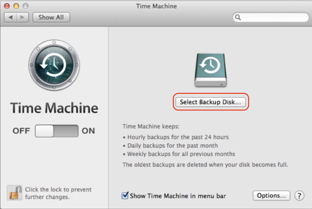 The option to select a backup disk in Time Machine settings on Mac. Pick an external drive to perform a macOS backup so you don't lose data when you reset Mac El Capitan.
