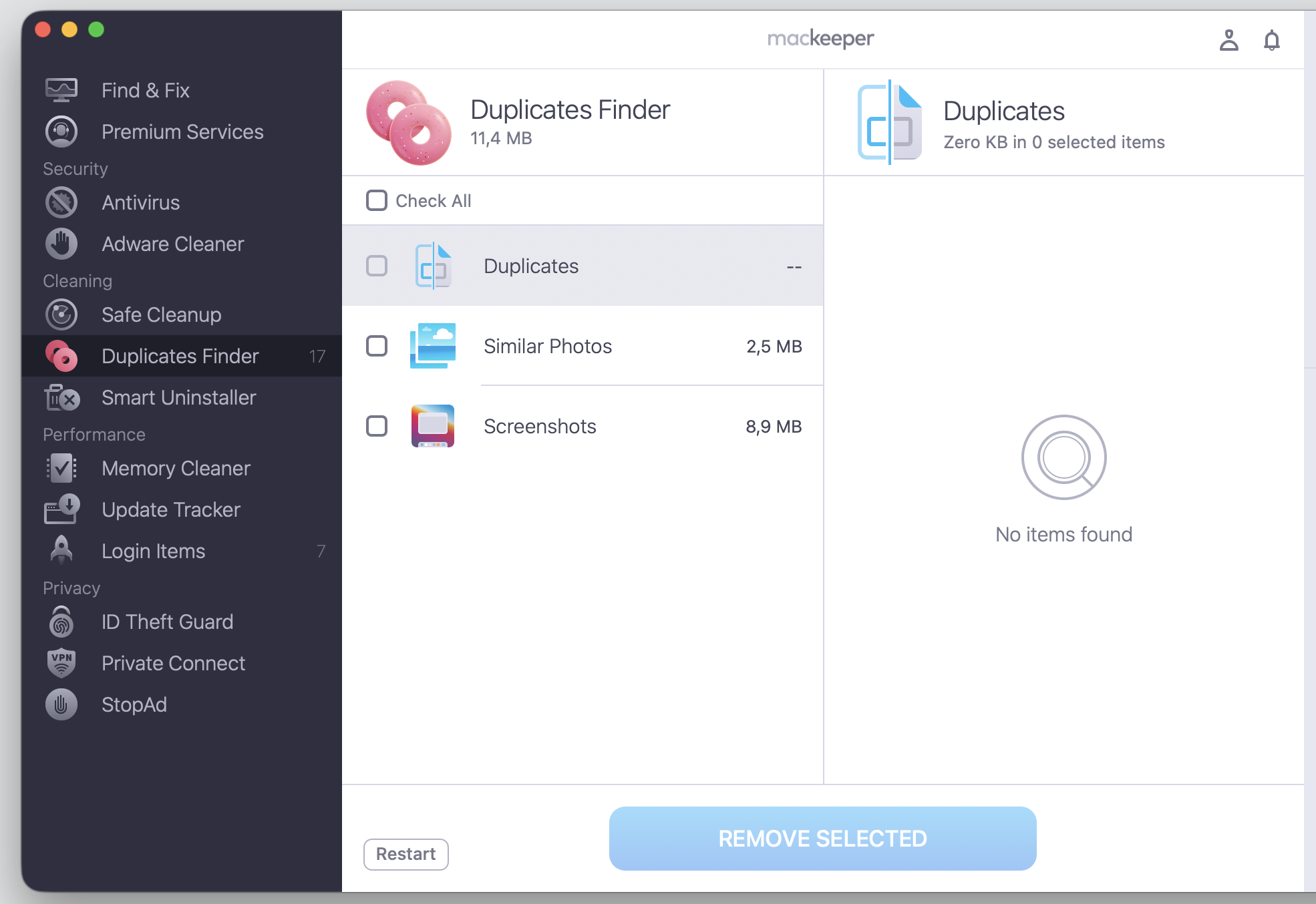 MacKeeper's Duplicates Finder tab on macOS listing duplicate files, similar photos, and screenshots, with a Remove Selected button to delete extras.