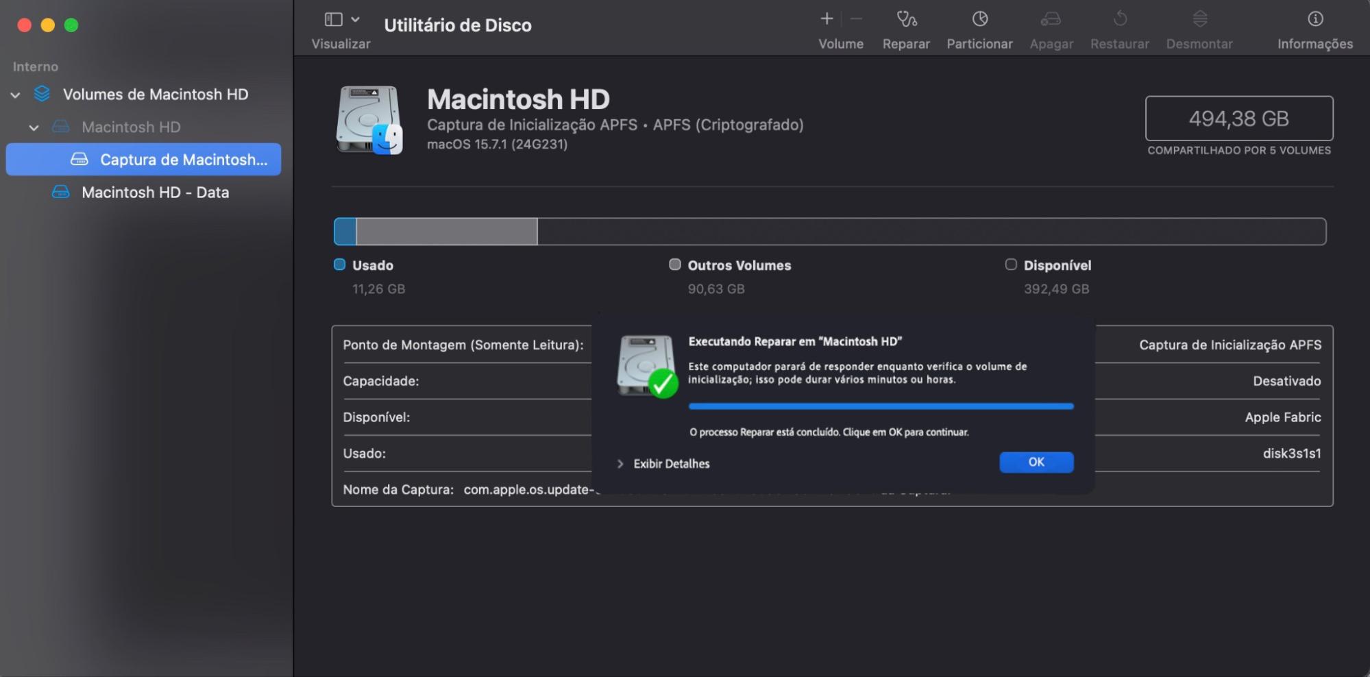 Depois de clicar nas diferentes janelas, seu Mac executará um reparo com o Reparar no dispositivo. Isso pode levar alguns minutos. Quando terminar, você pode pressionar OK para finalizar o processo.