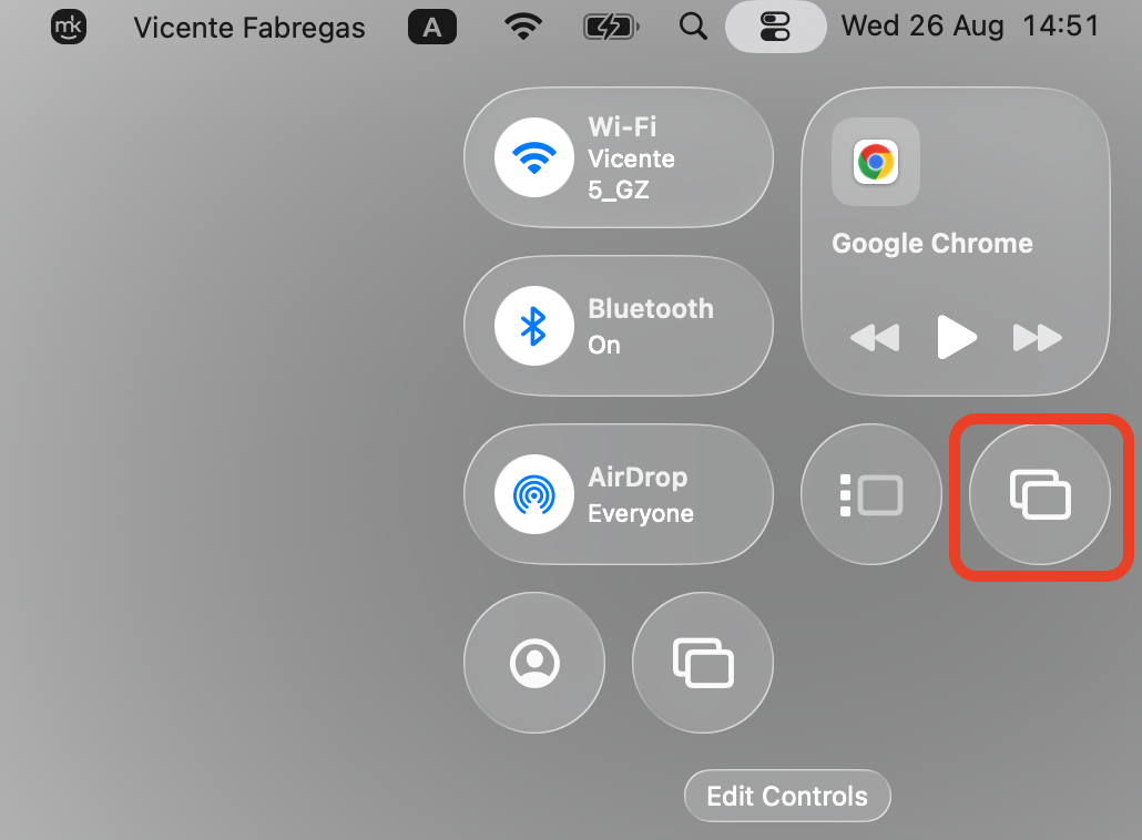 macOS Control Center reopened on an Apple laptop to reach Screen Mirroring, an alternate way to stop AirPlay mirroring from Mac to Roku.