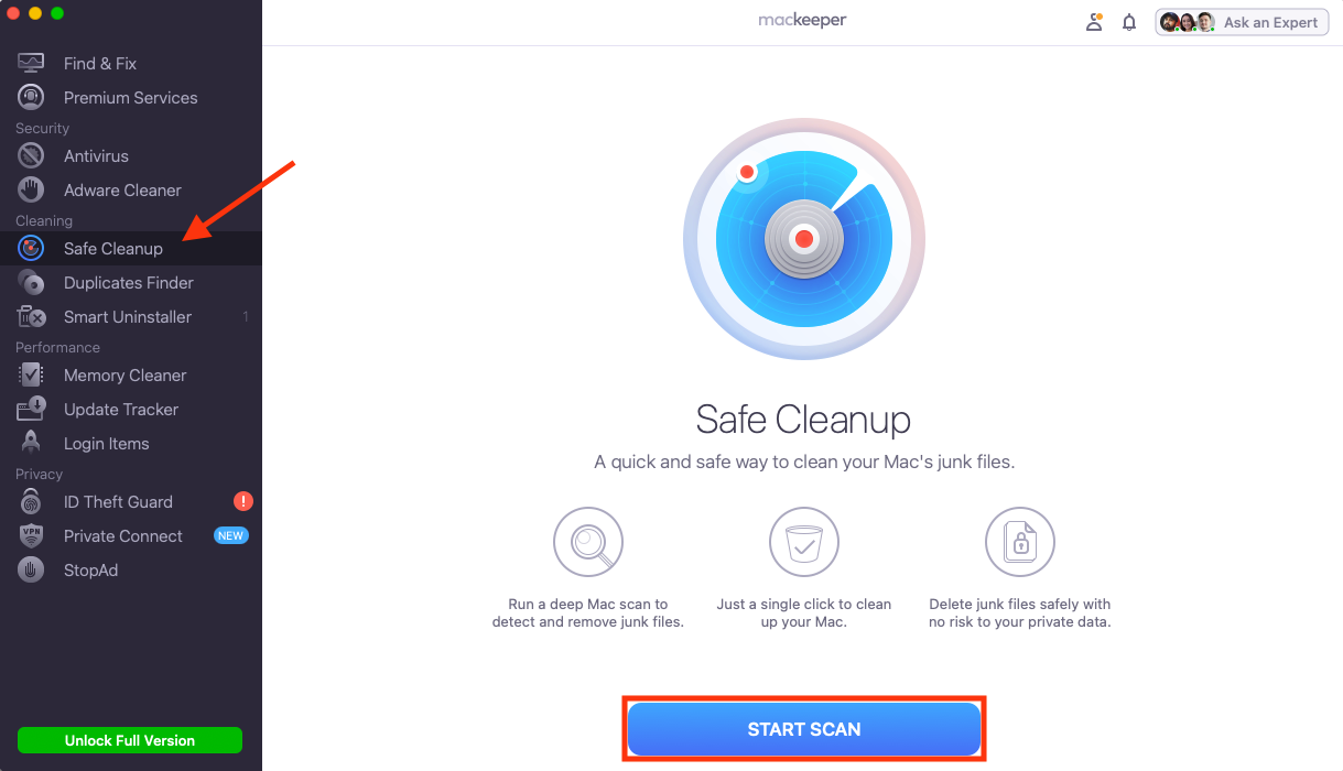 MacKeeper's Safe Cleanup tool on Mac. Before learning how to get Google Chrome on Mac, it's a good idea to remove junk from your system to free up space.
