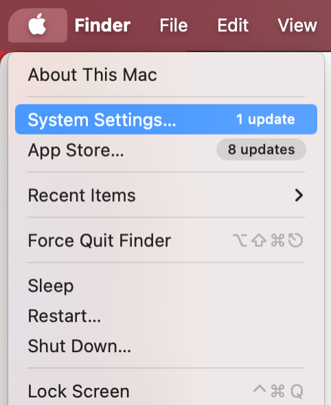 To check your network status on macOS, click the Apple logo in your Mac’s menu bar, then select System Settings from the dropdown menu.