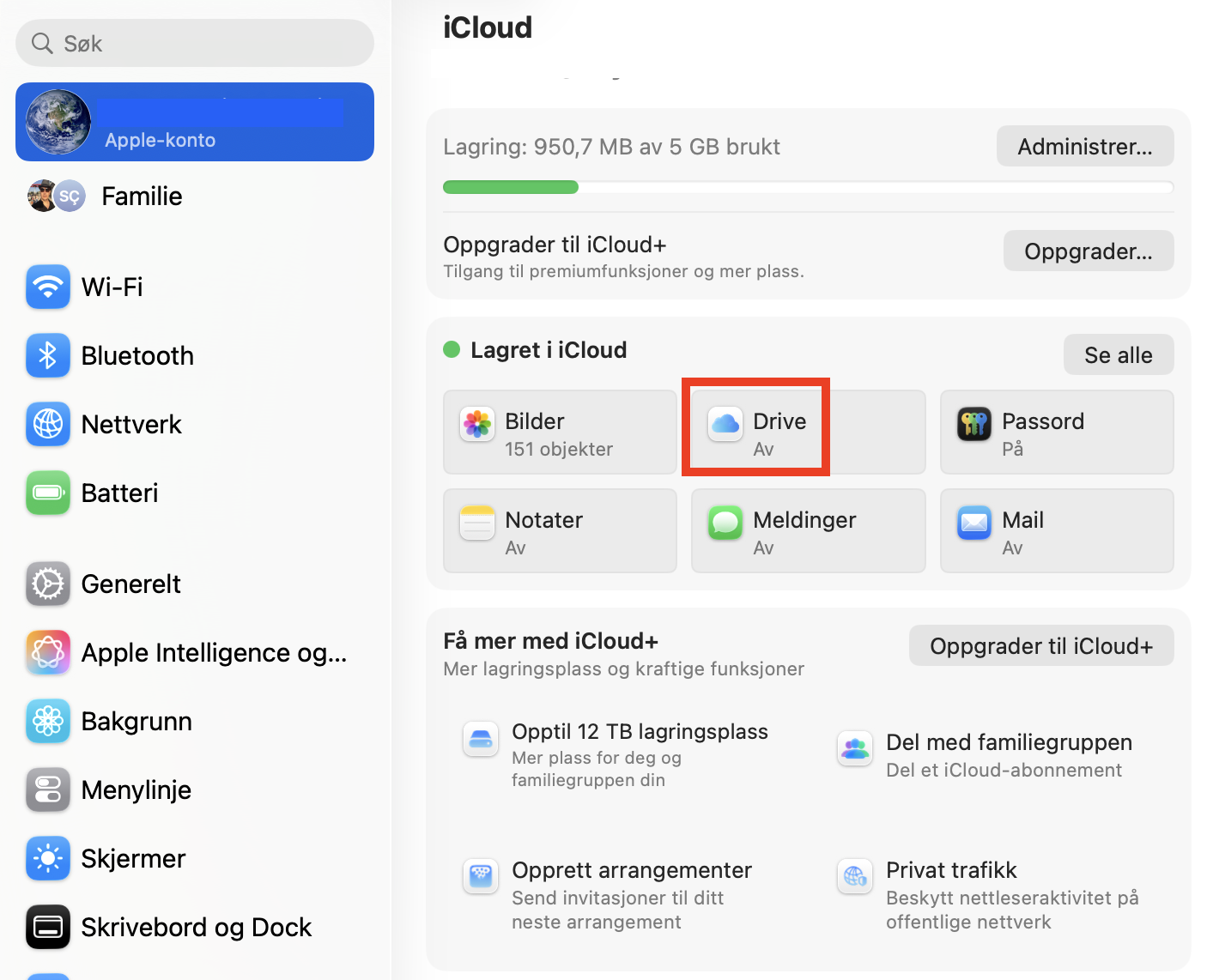 iCloud-menyen inne i Systeminnstillinger på Mac. Pass på at Optimaliser Mac-lagring er aktivert under Drive for å frigjøre plass på Mac.