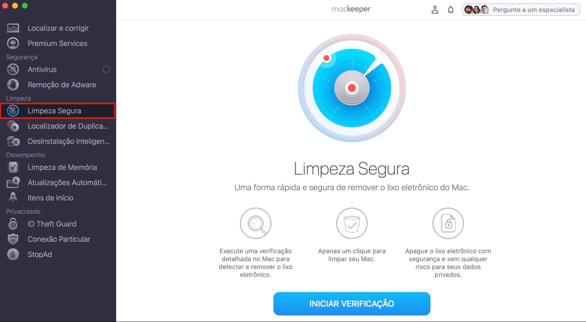 Para eliminar arquivos com segurança no seu Mac, abra o MacKeeper e vá em Limpeza Segura. Aqui você pode iniciar uma verificação e procurar arquivos para excluir