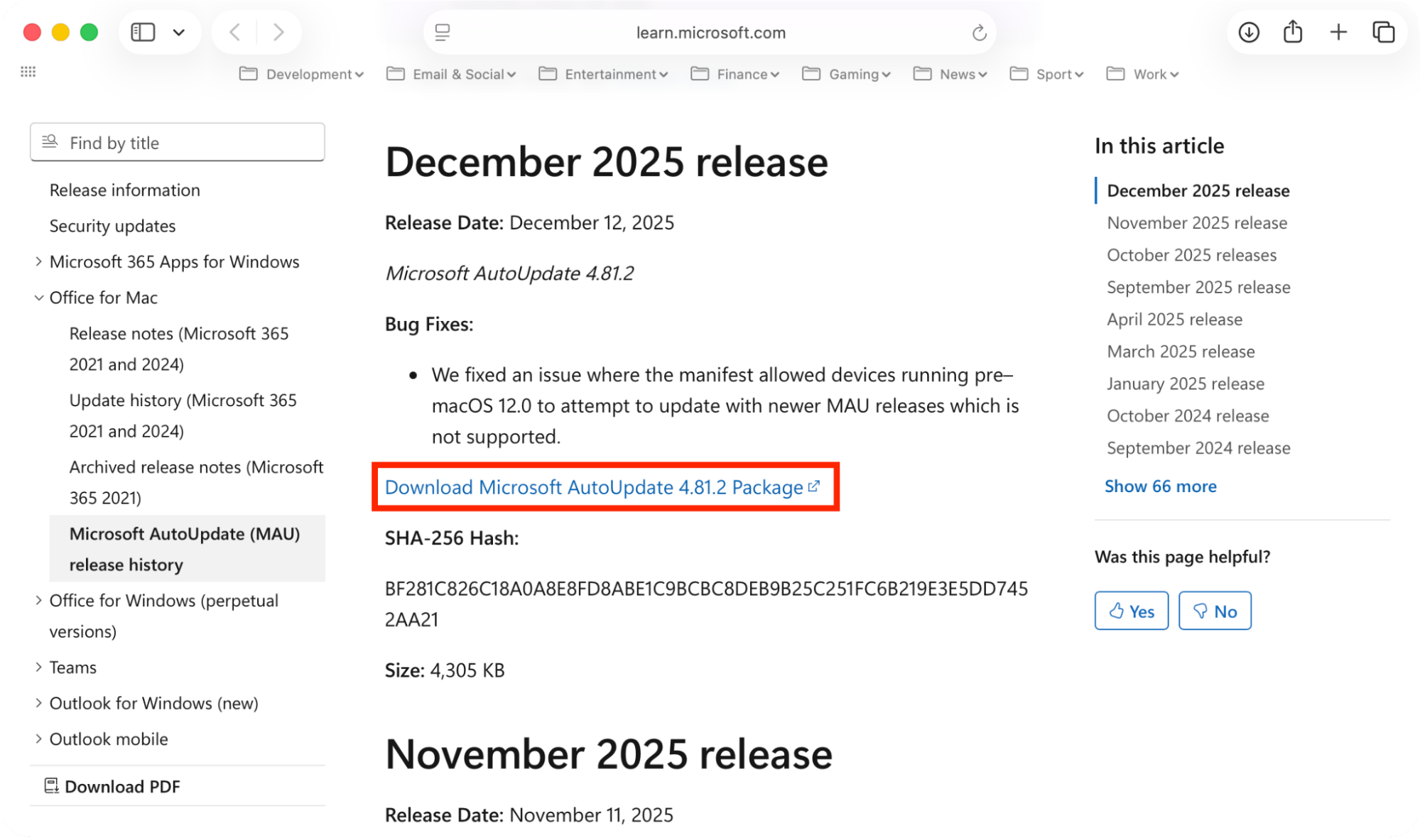 A download page for Microsoft AutoUpdate in Safari on Mac. If you want to know how to update Excel on Mac, first download Microsoft AutoUpdate, which lets you easily install new Office releases.