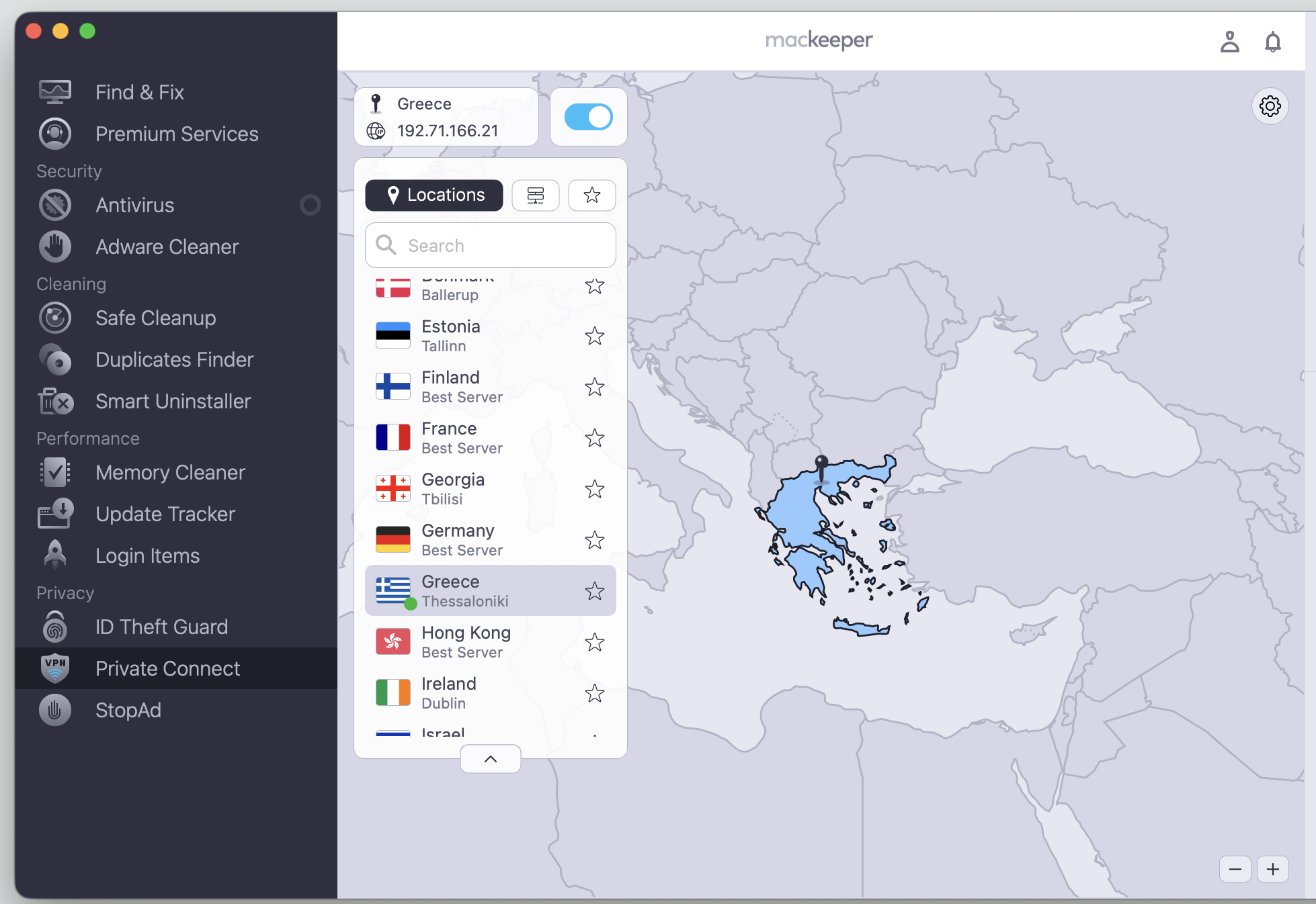 MacKeeper's Private Connect on an Apple laptop showing an active VPN connection to Greece, its toggle switched on for private, secure browsing.