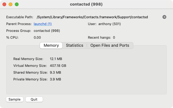 In the contactsd Activity Monitor panel, you'll see lots of information about the process. In the bottom left, ther's a 'Quit button'. Click it now.