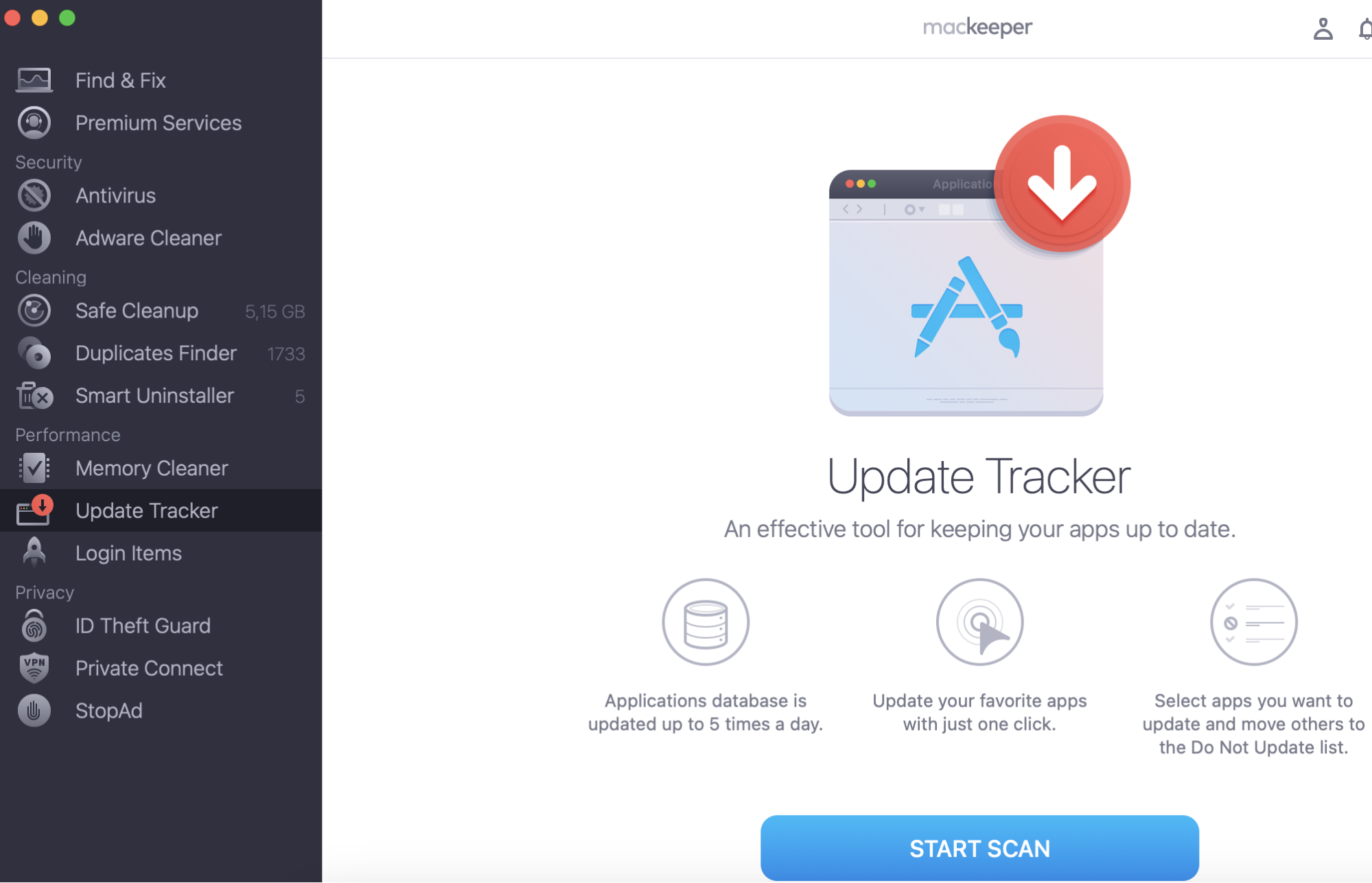 To keep the apps on your Mac updated, run Mackeeper and select Update Tracker, then click Start Scan.