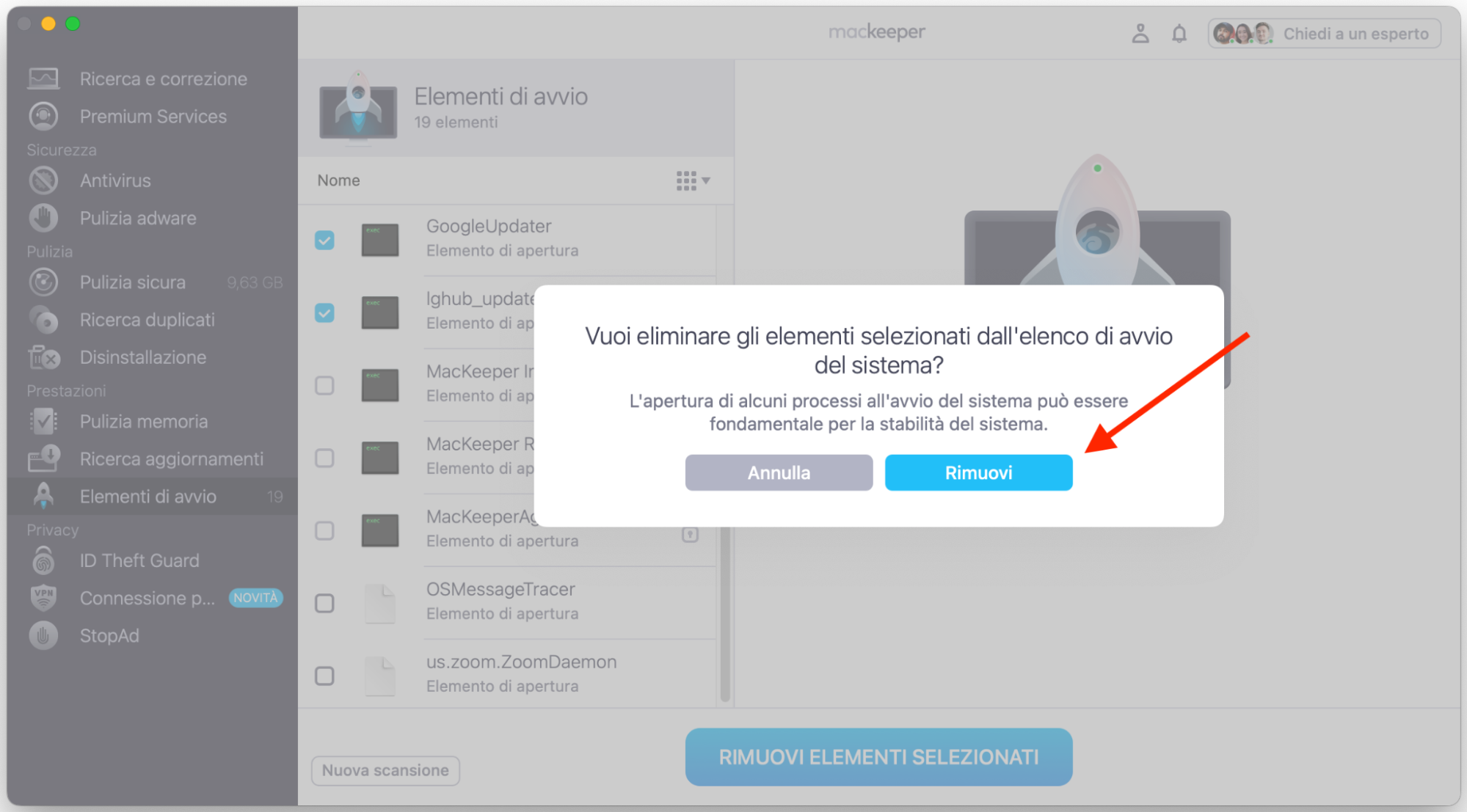 Comparirà una finestra pop-up che ti chiederà se vuoi rimuovere gli elementi di login selezionati. Fai clic su Rimuovi per completare l’operazione.