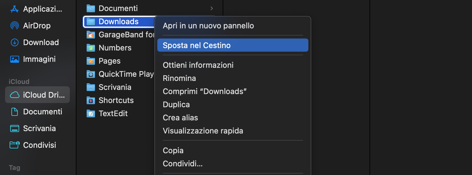Seleziona tutto ciò che è attualmente presente nella cartella Download del tuo Mac, quindi spostalo nel Cestino ed eliminalo tutto.