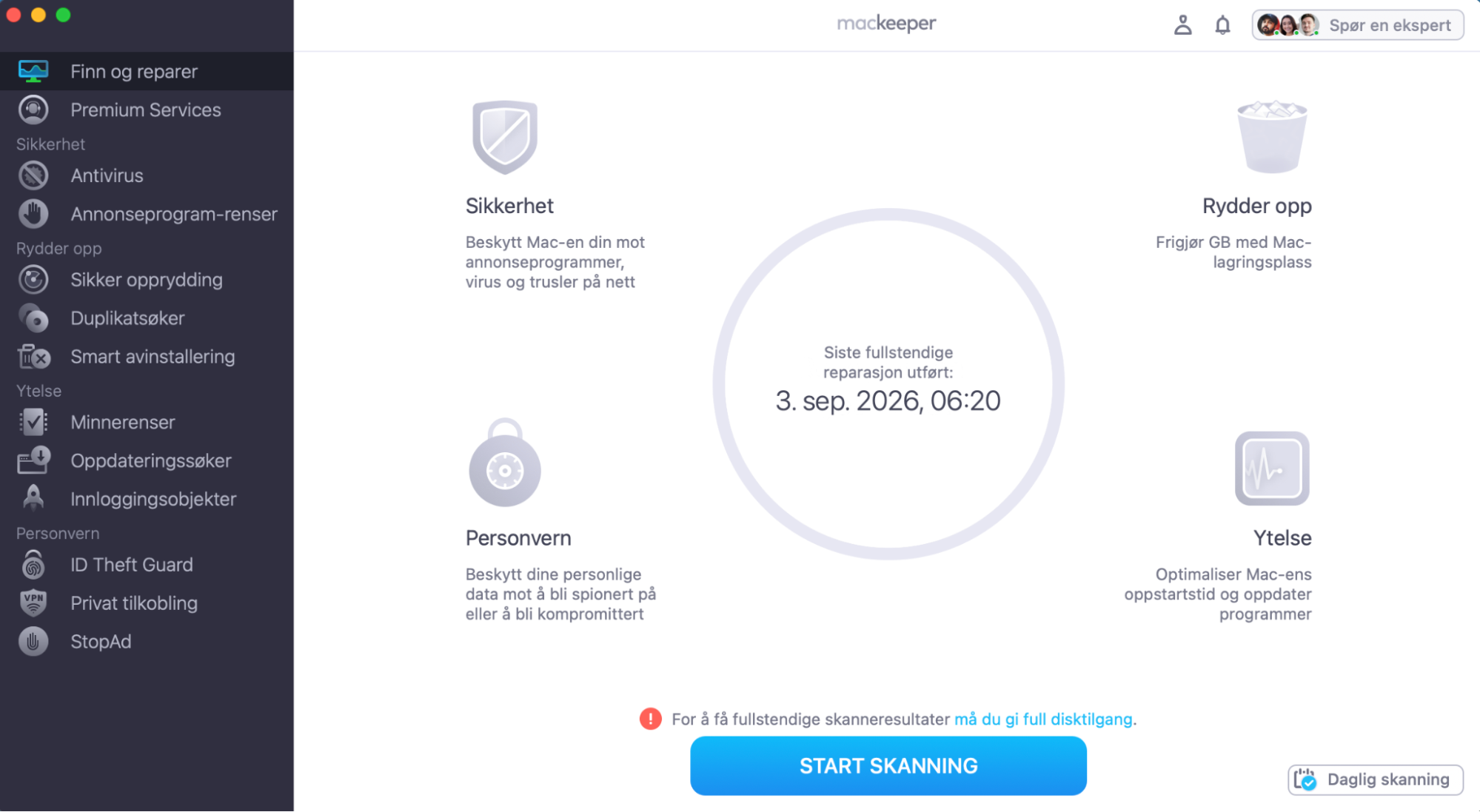 For å løse problemet med at harddisken ikke vises, start med den automatiske feilsøkingsprosessen som MacKeeper tilbyr. Åpne appen, velg funksjonen Finn og reparer, og klikk på Start skanning.
