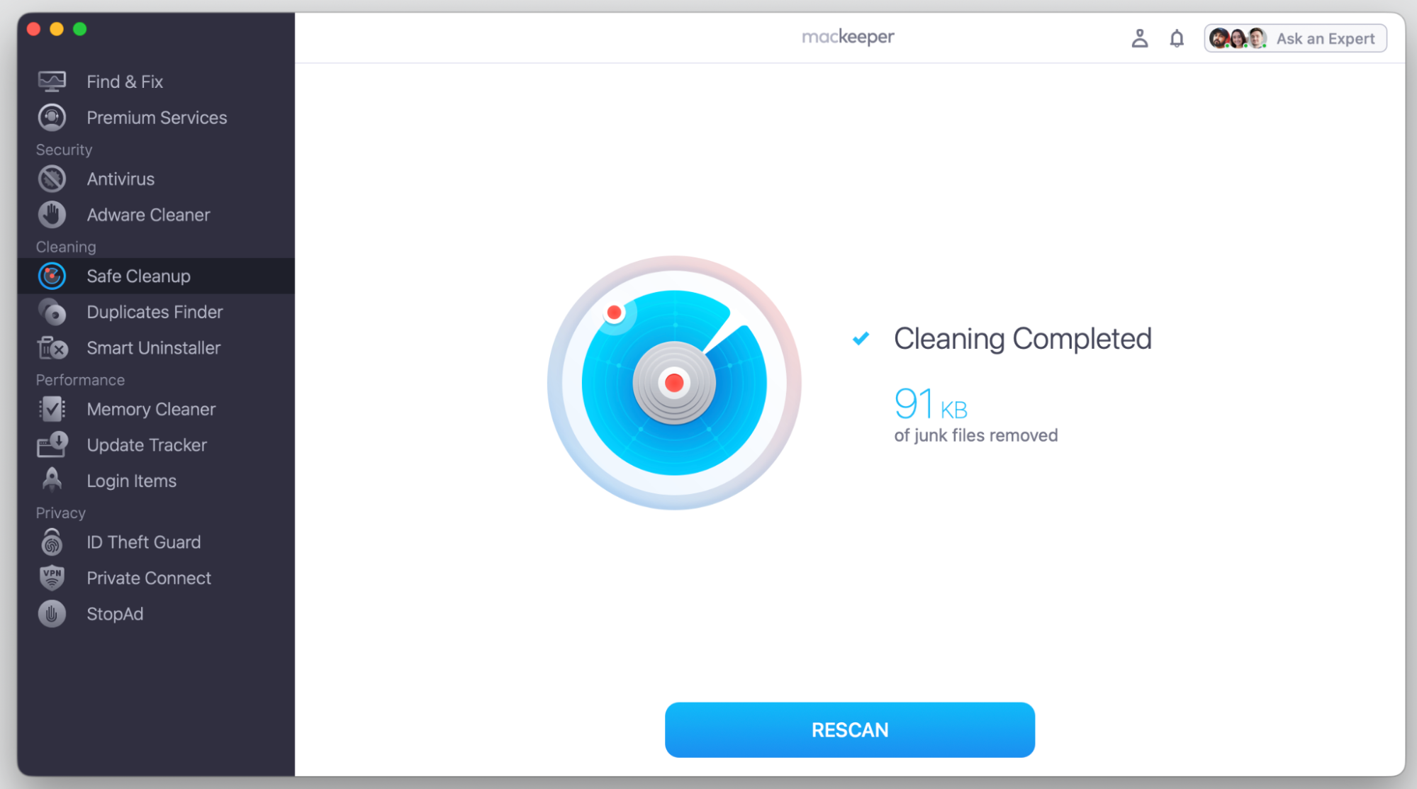 MacKeeper's Safe Cleanup screen on macOS Tahoe, showing Cleaning Completed after junk files were removed on an Apple device.