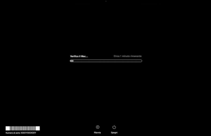 Diagnosi Apple su macOS mostra il processo di test. Attendi che il test venga completato, poi controlla i codici di riferimento per identificare eventuali problemi sul tuo Mac.