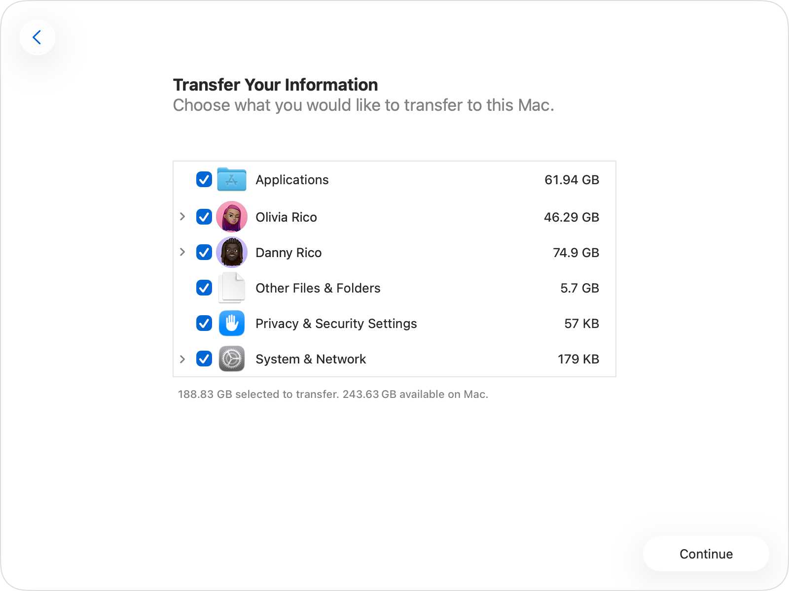 Migration Assistant on Mac shows the options for restoring data from a backup. Select the data you want to transfer, then click Continue.