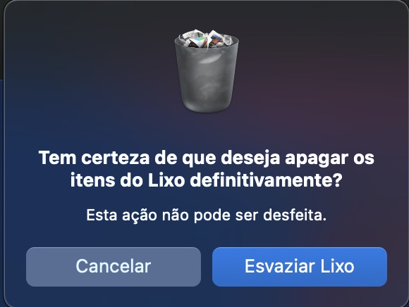 A mensagem de confirmação de Esvaziar Lixo gerada pelo app para solicitar que o usuário confirme a ação de exclusão. Clique em Esvaziar Lixo novamente.