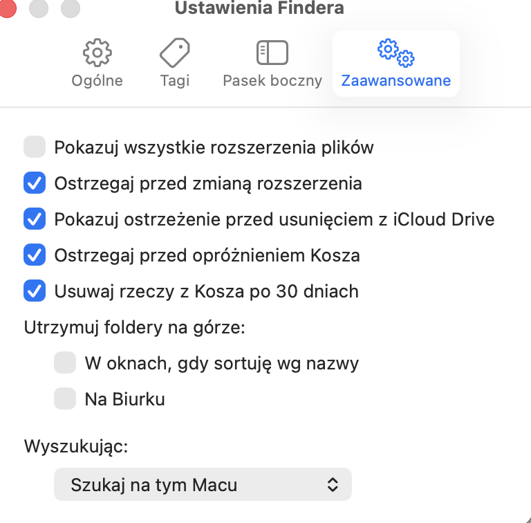 Funkcja automatycznego opróżniania kosza z zaznaczoną opcją Usuwaj rzeczy z kosza po 30 dniach