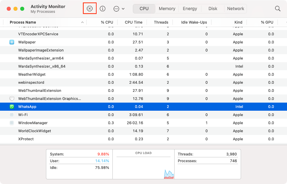 To get rid of WhatsApp from a Mac or MacBook, you can also go to Finder, open the Utilities folder, launch Activity Monitor, select WhatsApp, and click the X icon.
