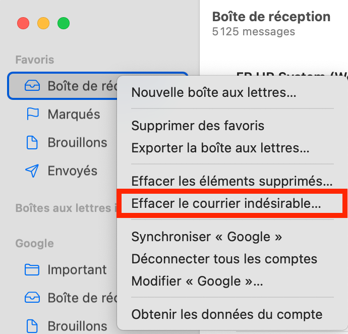 Une partie de l'application Apple Mail avec le menu contextuel ouvert pour une boîte aux lettres. L’option Effacer le courrier indésirable est mise en évidence. Comment supprimer les caches Mail sur Mac.