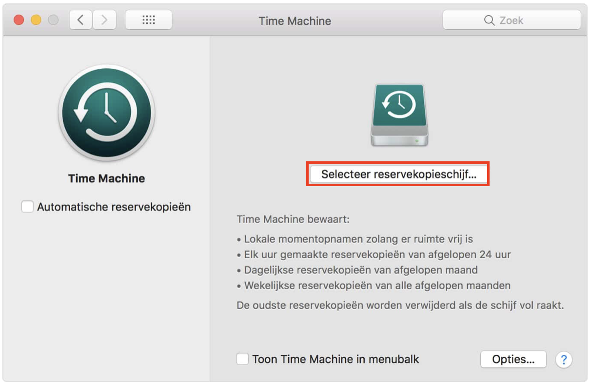 Als je een back-up van je Mac maakt op een externe schijf, sluit deze dan aan en klik vervolgens in de macOS Systeeminstellingen op Nieuwe reservekopie starten.
