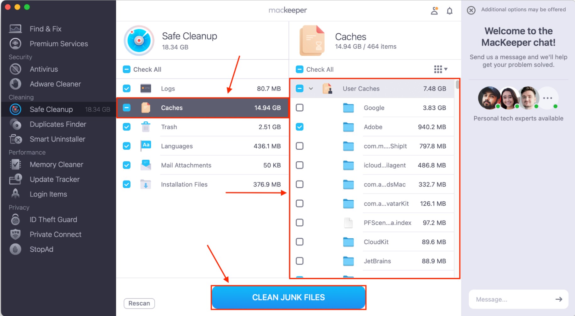 MacKeeper's Safe Cleanup results on macOS displaying Adobe Caches selected under User Caches with the Clean Junk Files button ready to remove them.
