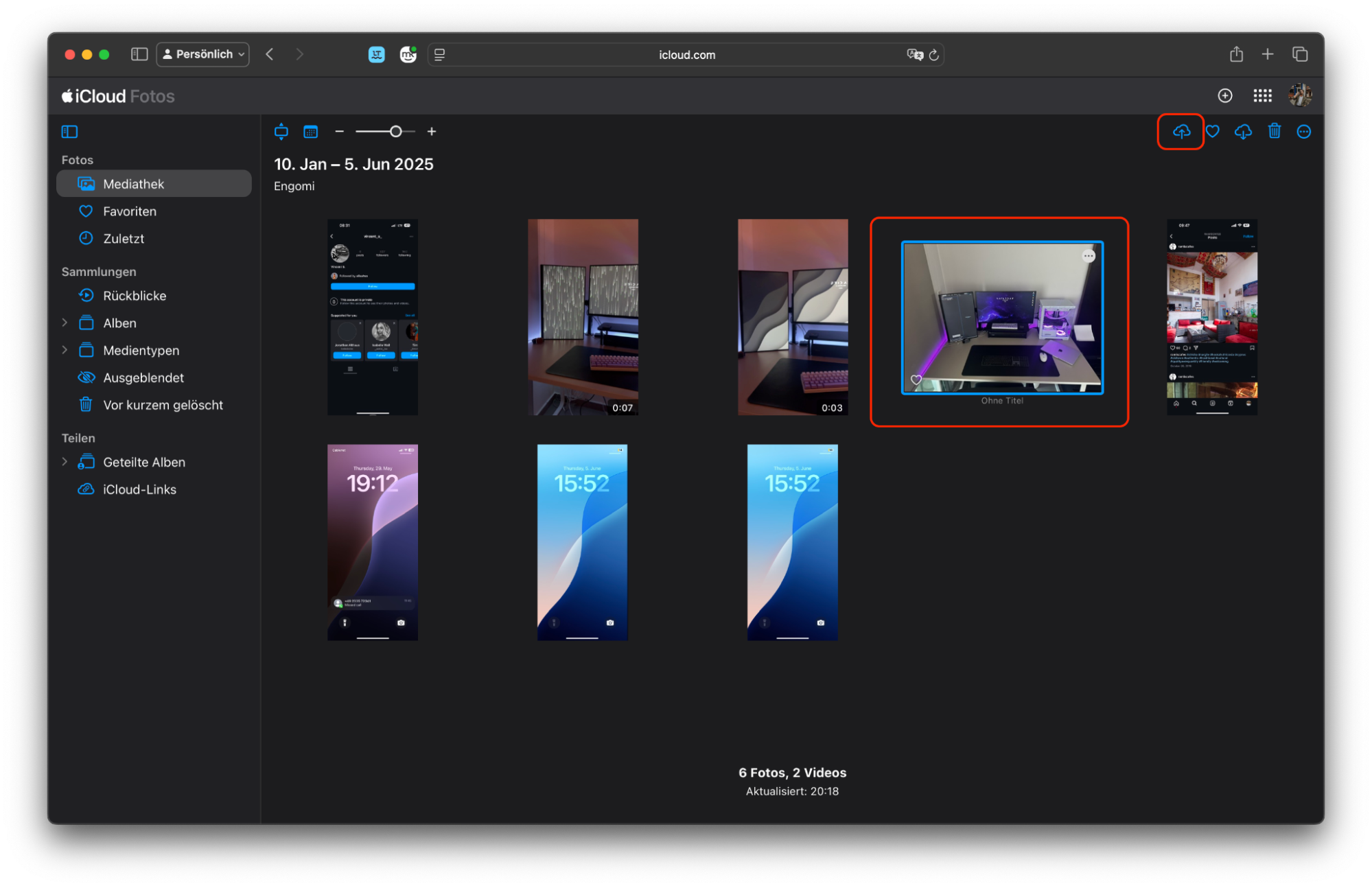 Nachdem Sie die Fotos ausgewählt haben, die Sie auf Ihren Mac übertragen möchten, klicken Sie auf das Wolken-Symbol mit dem Abwärtspfeil, um den Downloadvorgang zu starten.
