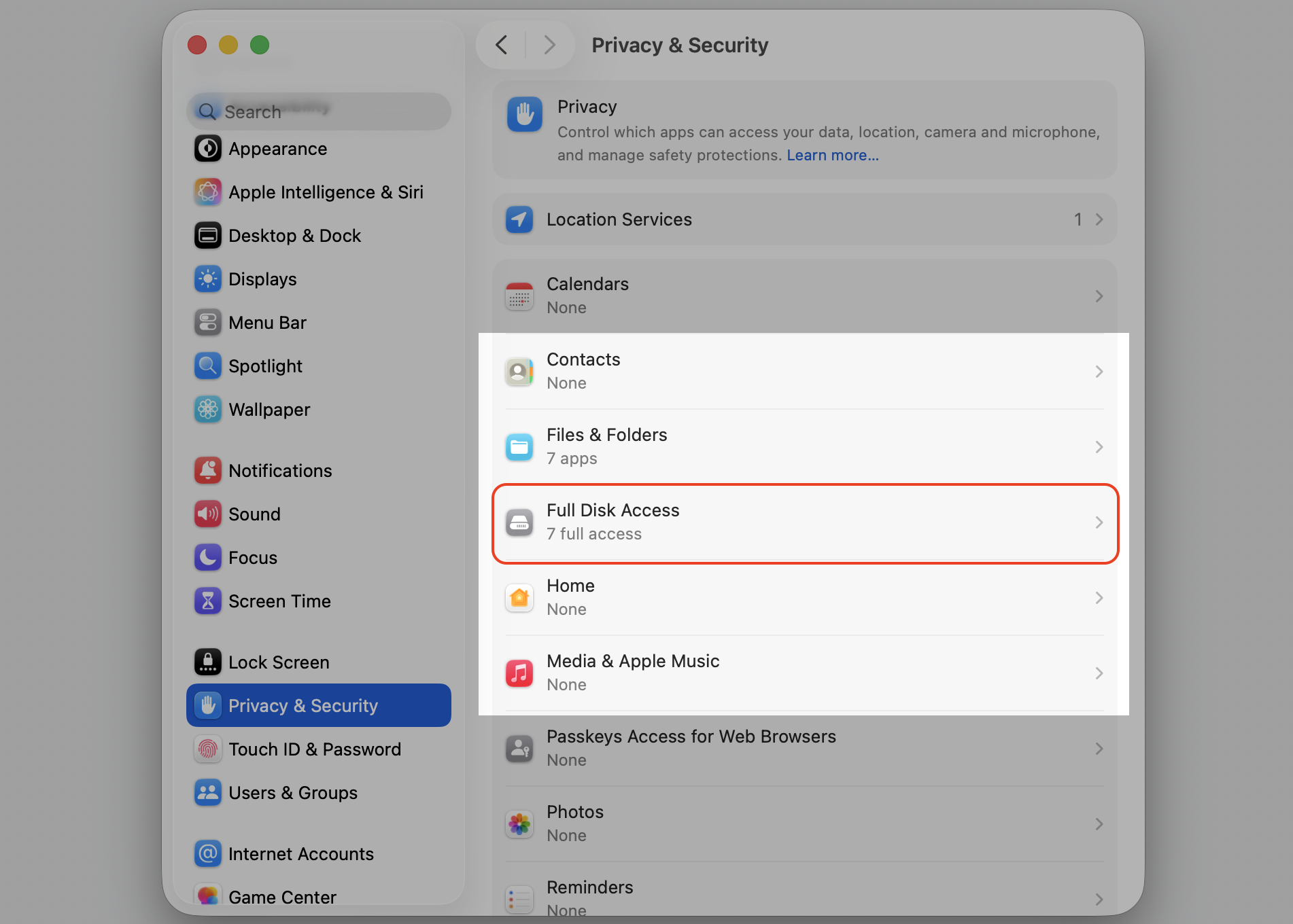 Privacy & Security pane on macOS with Full Disk Access highlighted, the permission some Mac apps need before they can launch or run.