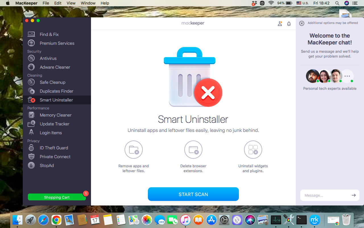 If you want to remove large, unnecessary apps and leftovers from your Mac with MacKeeper’s Smart Uninstaller, launch the MacKeeper app, then choose the Smart Uninstaller tool from the left sidebar, and click the Start Scan button. If you want to remove large, unnecessary apps and leftovers from your Mac with MacKeeper’s Smart Uninstaller, launch the MacKeeper app, then choose the Smart Uninstaller tool from the left sidebar, and click the Start Scan button.