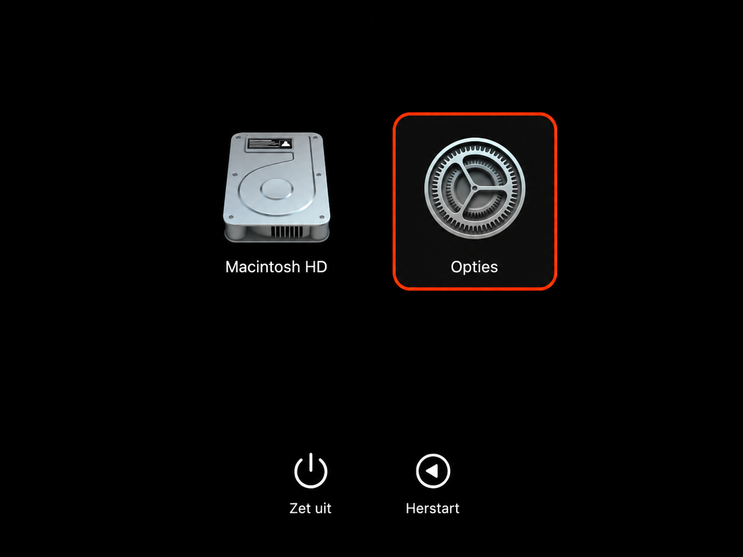 Het pictogram Opties is rood gemarkeerd in het venster van Herstel op de Mac. Door hierop te klikken begin je met het terugzetten van je Mac naar de fabrieksinstellingen.