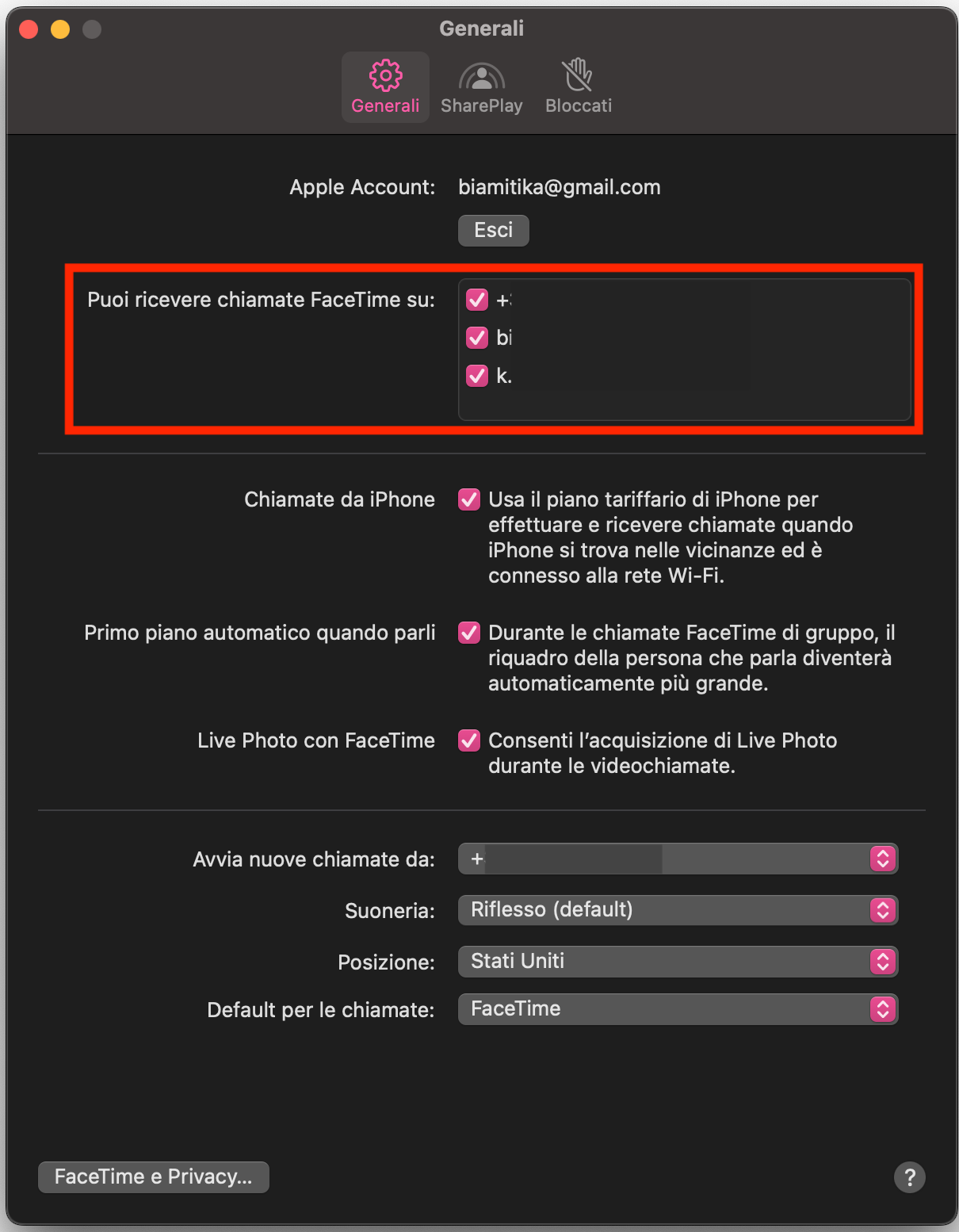 Se non riesci ad accedere a FaceTime, controlla che il tuo numero di telefono sia corretto. Vai in Preferenze di FaceTime sul Mac e verifica quali numeri di telefono e indirizzi email possono essere usati per contattarti.