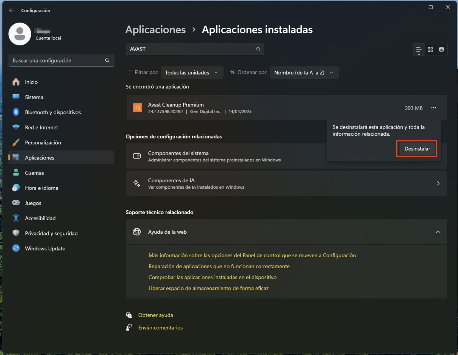 Haz clic en el botón de desinstalación para confirmar la eliminación de Avast Cleanup Haz clic en el botón de desinstalación para confirmar la eliminación de Avast Cleanup