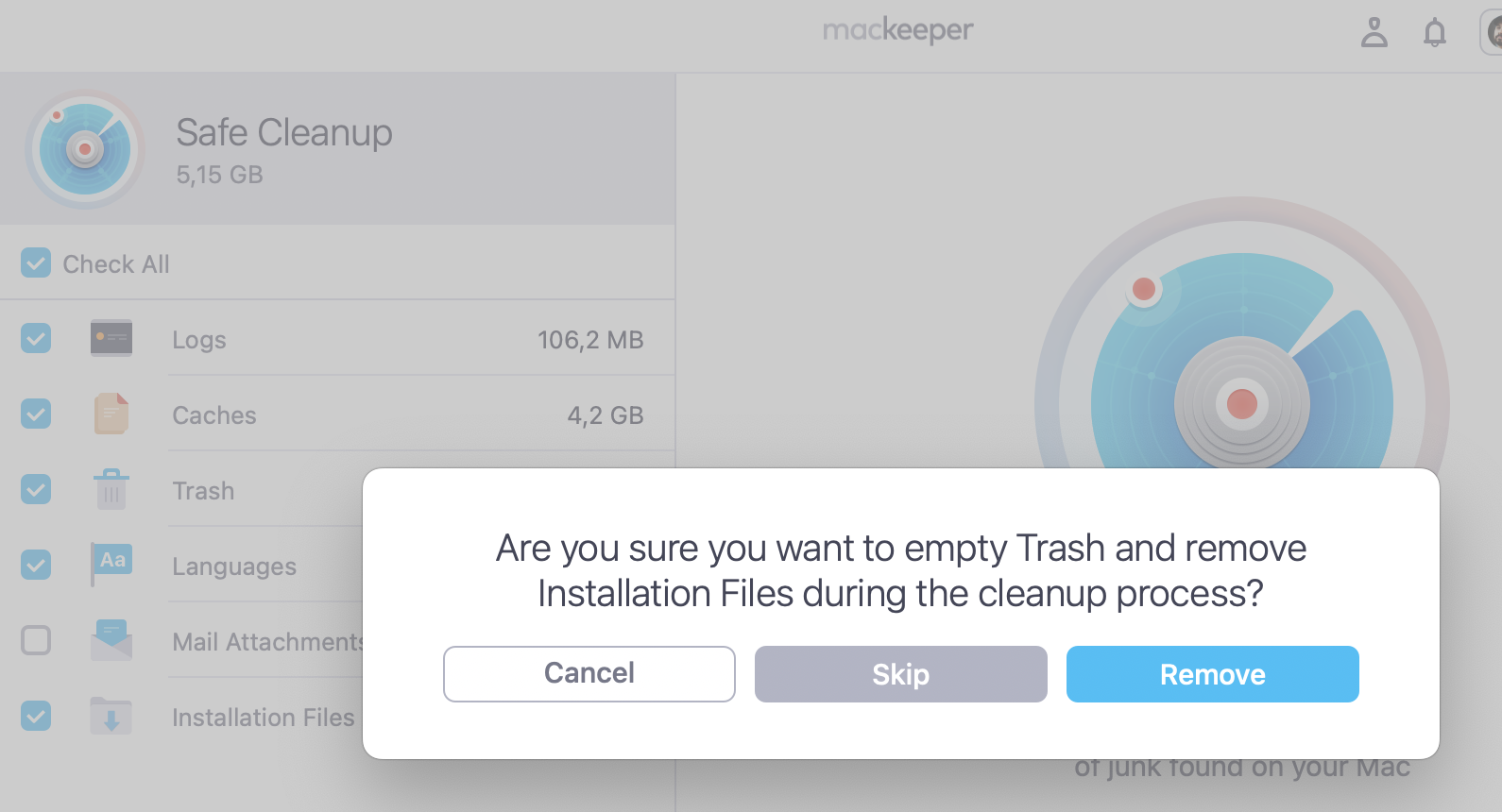 Decide whether you want to remove Trash and Installation Files.