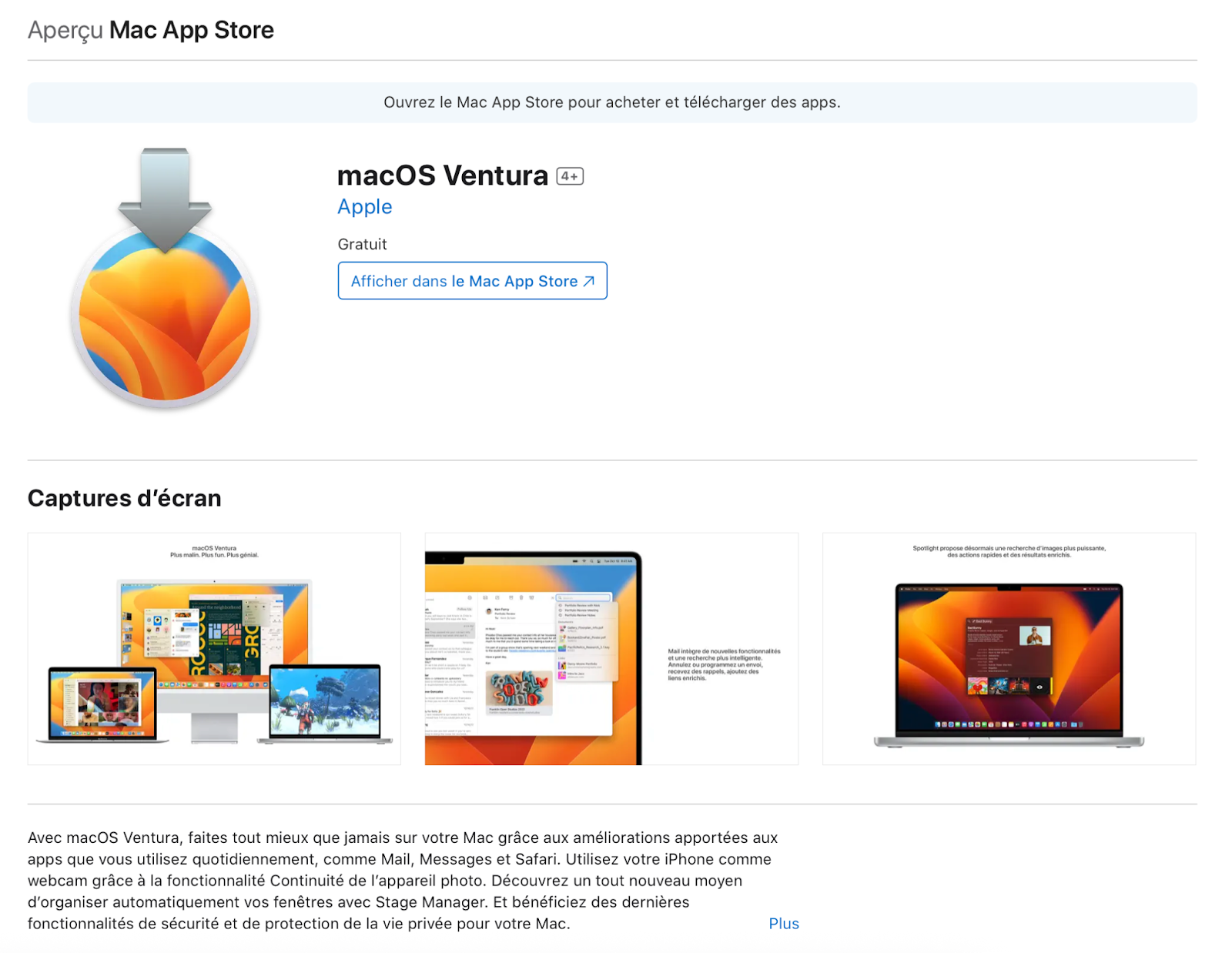 Pour des versions de macOS High Sierra ou plus récentes, vous aurez besoin de télécharger le programme d'installation depuis l'App Store. Cela inclut Ventura.