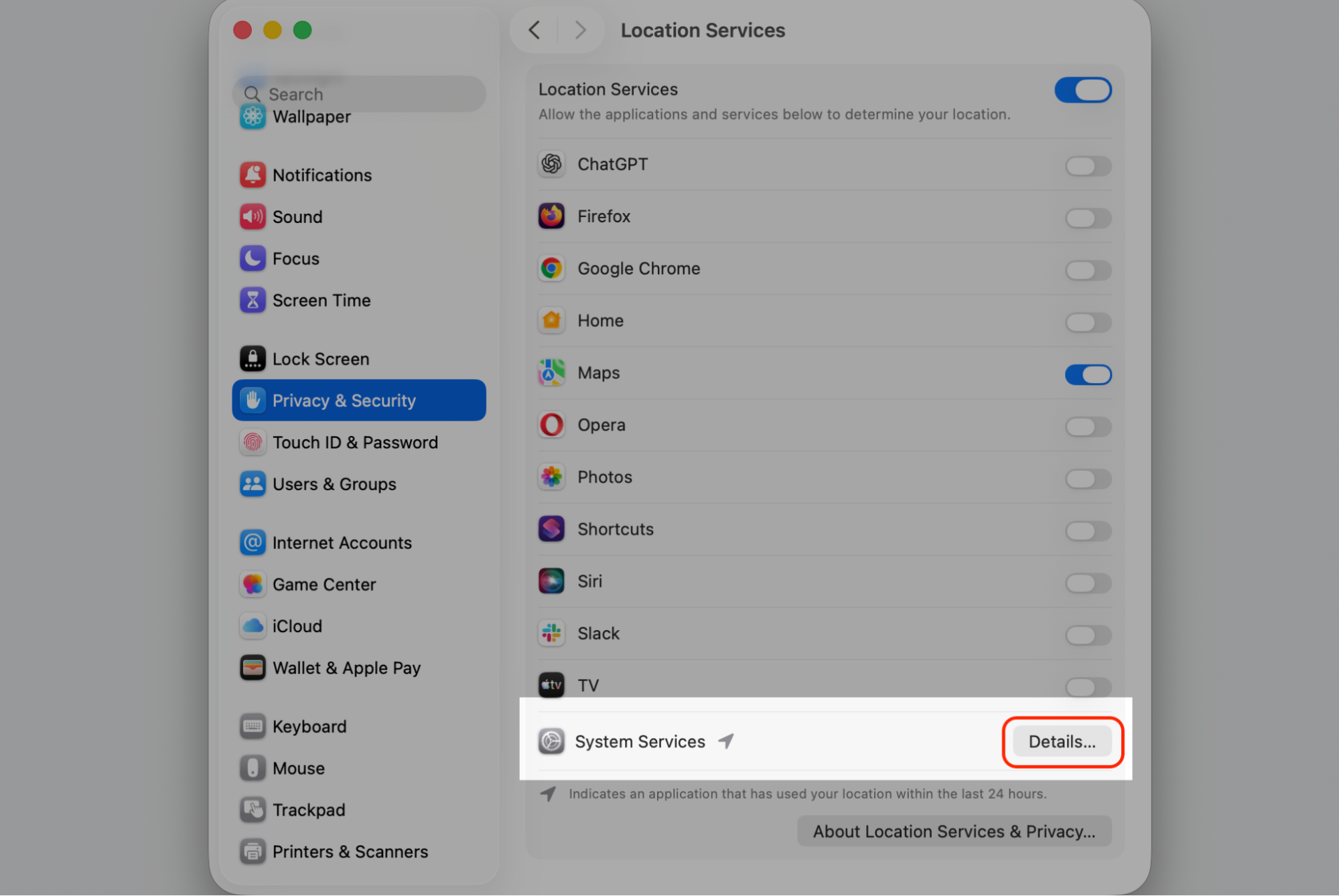 Location Services pane in macOS Tahoe, clicking Details next to System Services on a MacBook to manage the time settings.