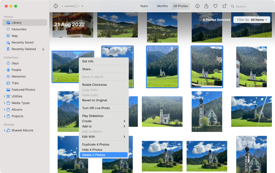 To manage your Mac’s photos, launch the Photos app, select the photos you want to remove, and delete them.