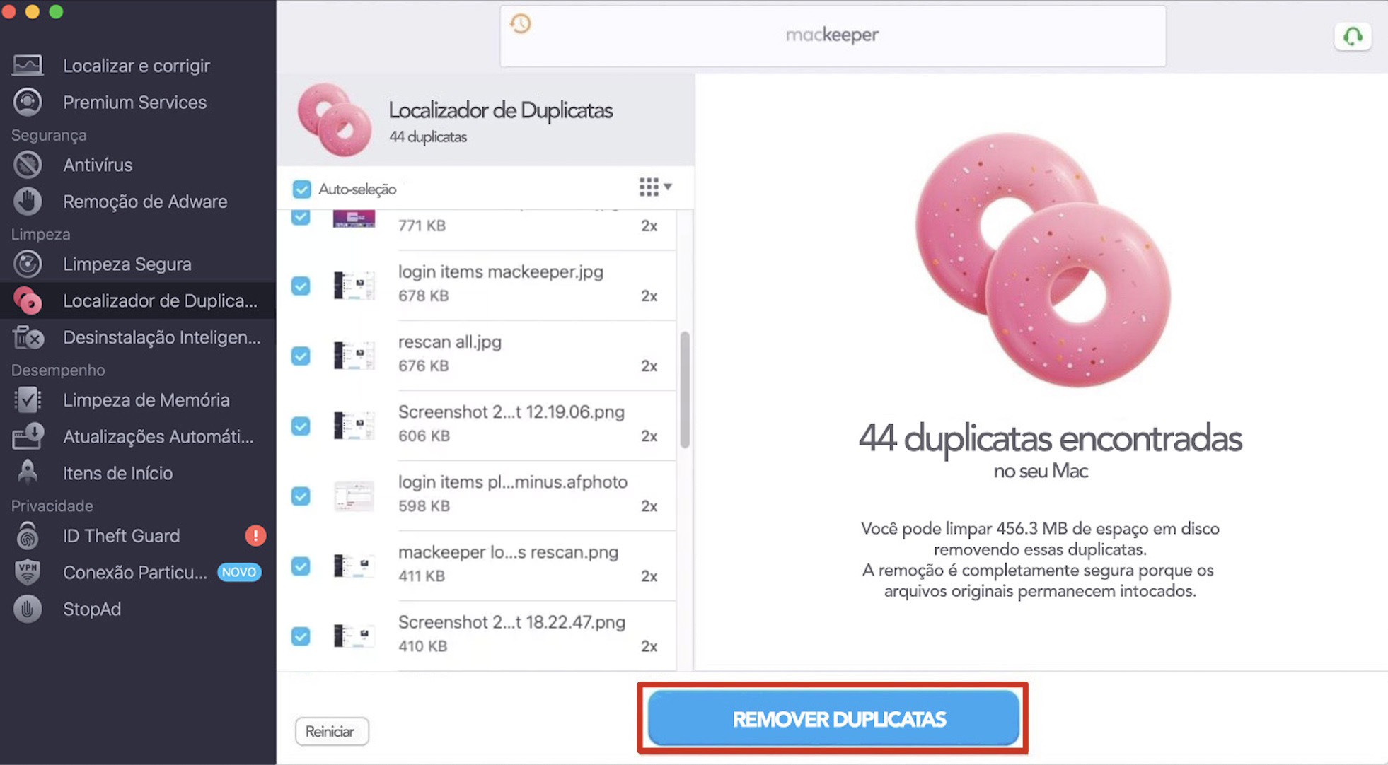 O aplicativo MacKeeper mostra o recurso Localizador de Duplicatas realizando uma verificação e removendo fotos duplicadas.
