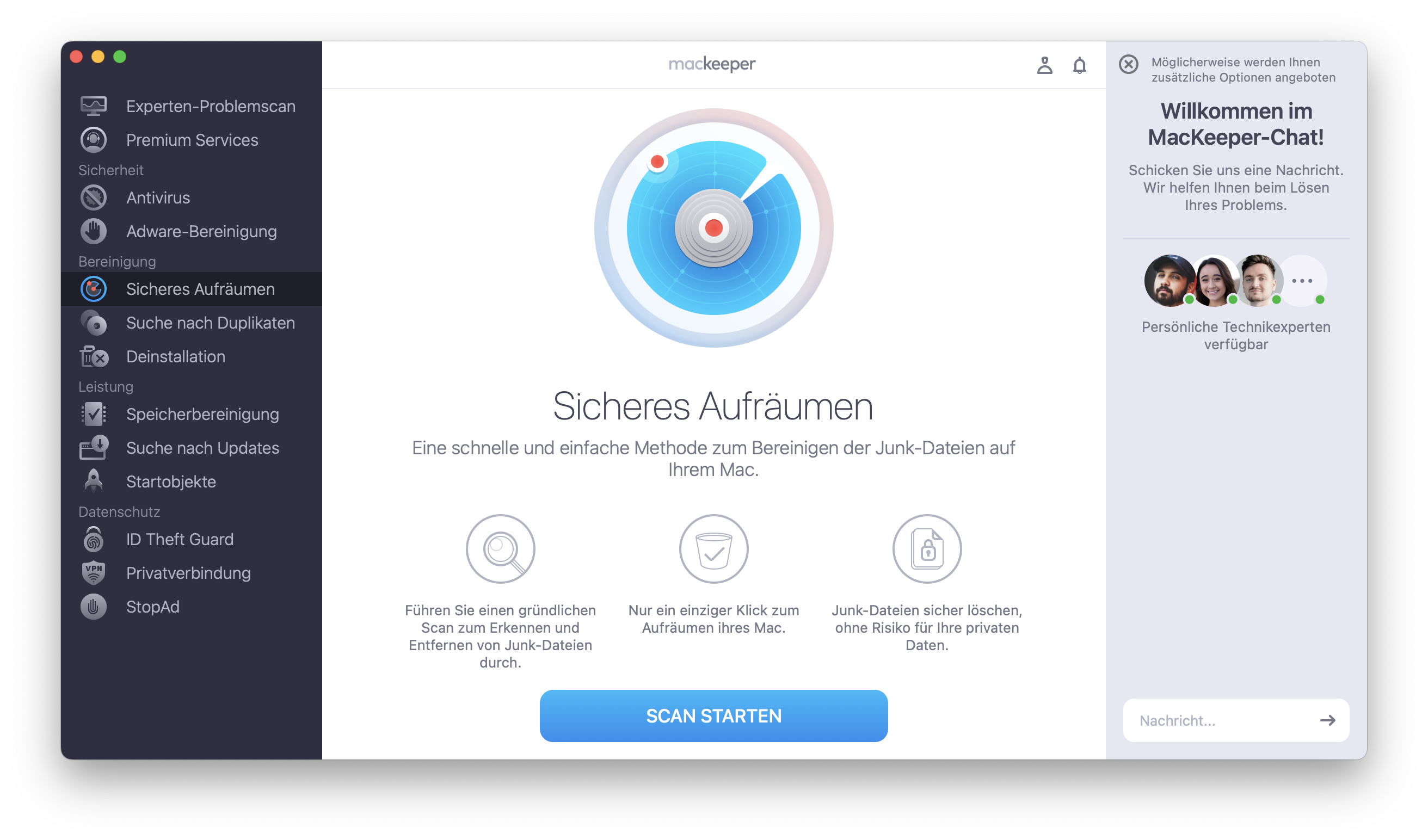 Um Junk-Dateien zu entfernen und Ihren Mac zu beschleunigen, verwenden Sie Sicheres Aufräumen von MacKeeper. Starten Sie MacKeeper, gehen Sie zu Sicheres Aufräumen und klicken Sie auf Scan starten.
