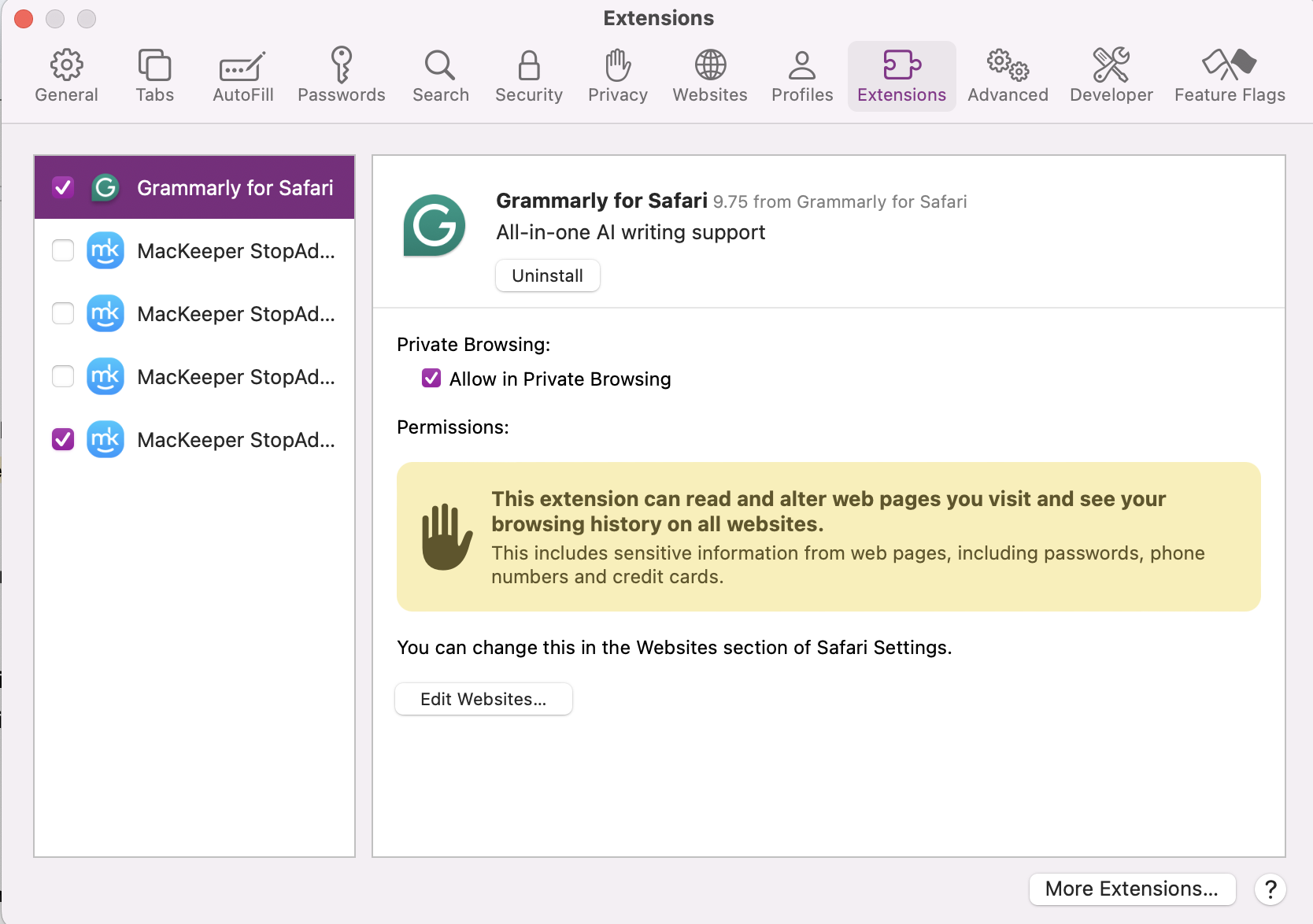 To customize your Safari extensions, you just need to open your search engine Preference menu and click on the Extensions tab