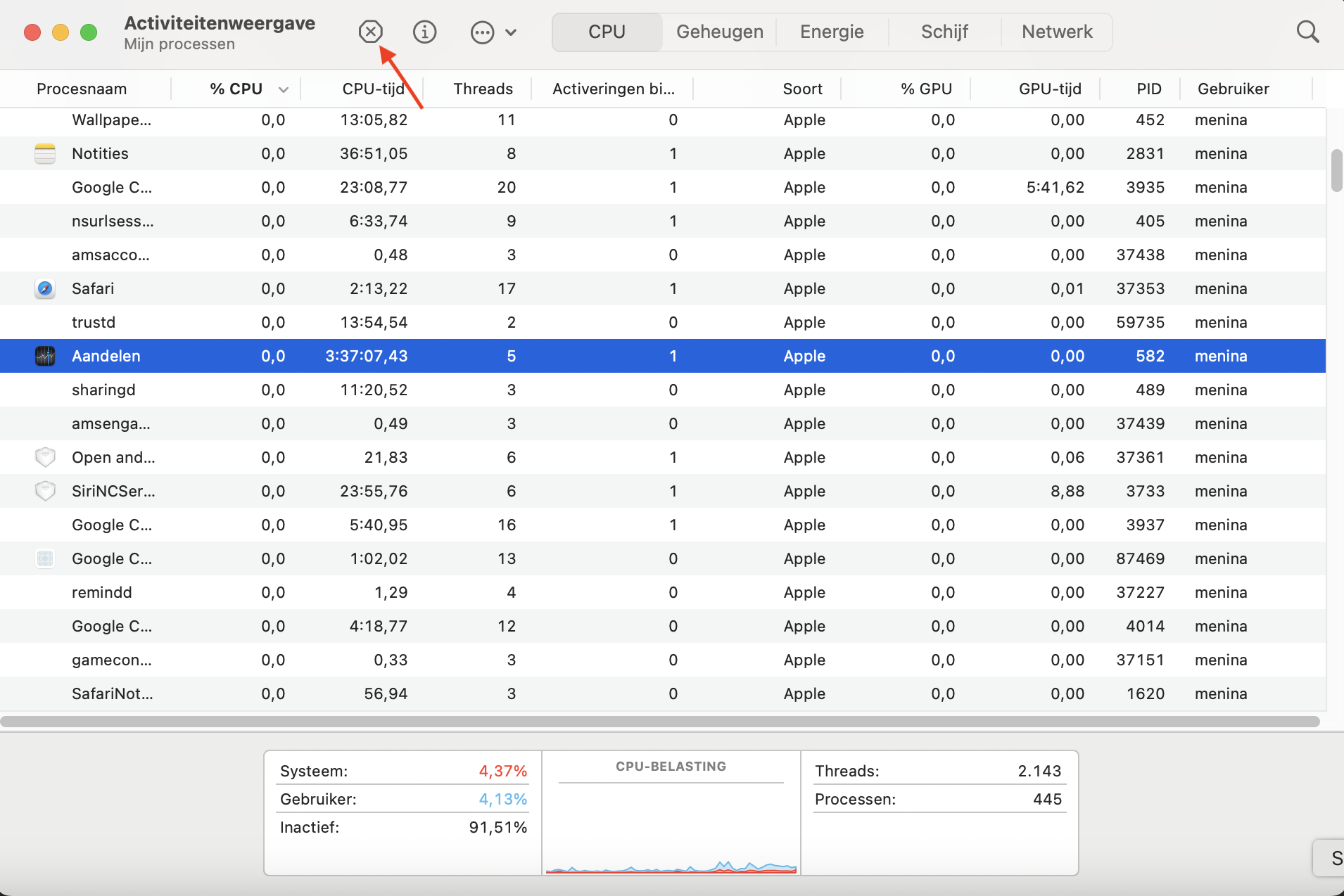 Activiteitenweergave op de Mac toont een lijst van alle actieve processen. Selecteer een proces en klik op het X-pictogram om het te stoppen.