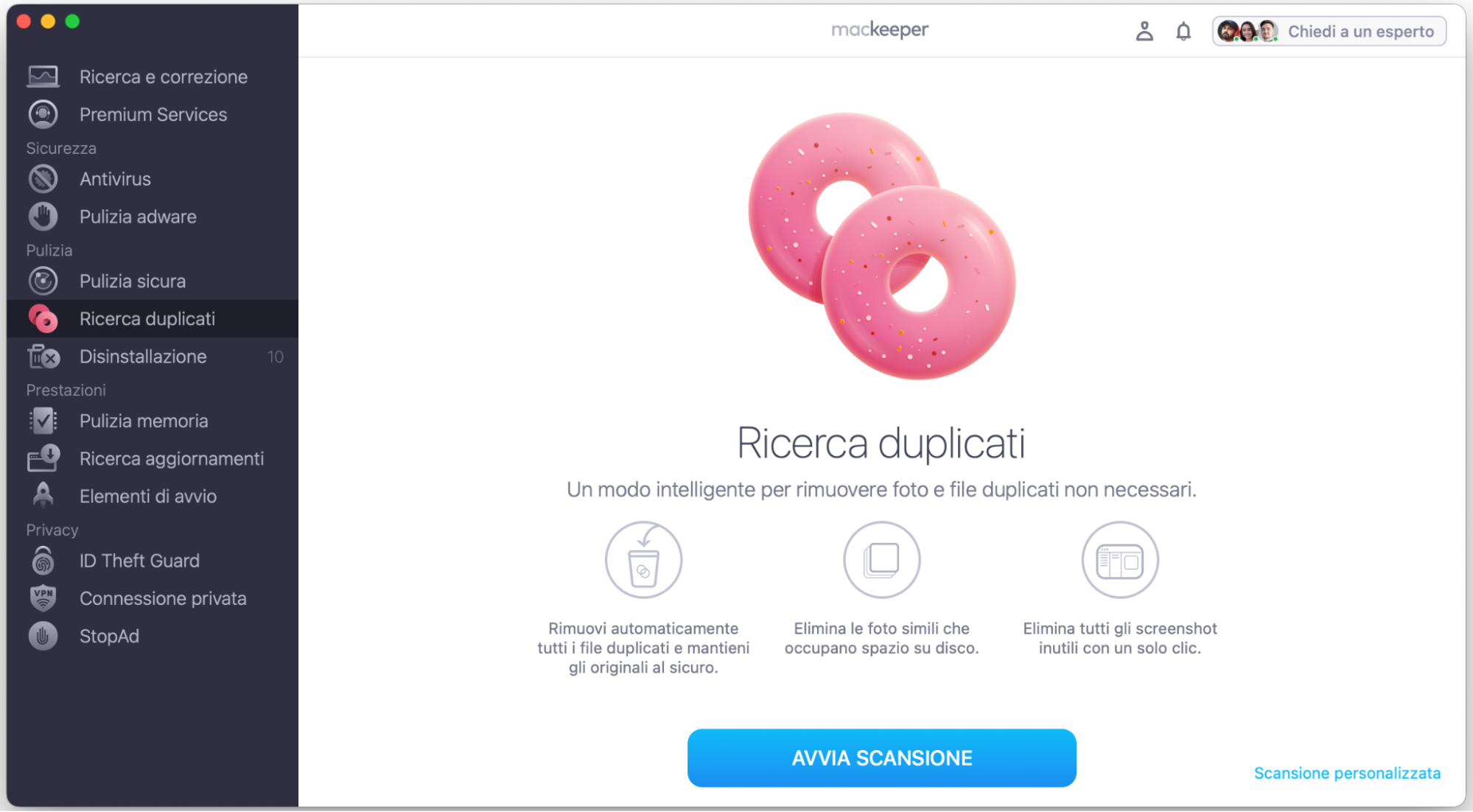 Per rimuovere i duplicati dal tuo Mac, usa Ricerca duplicati di MacKeeper. Avvia MacKeeper e vai su Ricerca duplicati, poi fai clic su Avvia scansione.