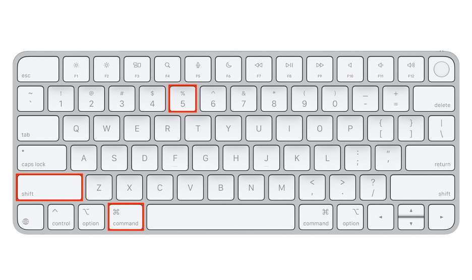 To record your screen using a keyboard shortcut, go to your Mac’s keyboard and press Command + Shift + 5 simultaneously.