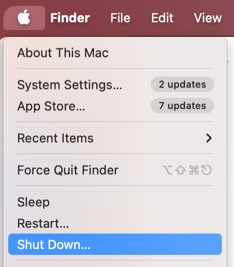 To reset your PRAM/NVRAM settings, go to the Apple icon in the menu bar and click Shut Down.