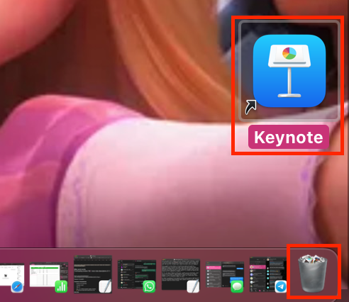 Sulla scrivania del Mac, la scorciatoia di Keynote e l’icona del Cestino sono evidenziate in rosso per mostrare il processo di eliminazione. Trascina la scorciatoia nel Cestino per cancellarla.