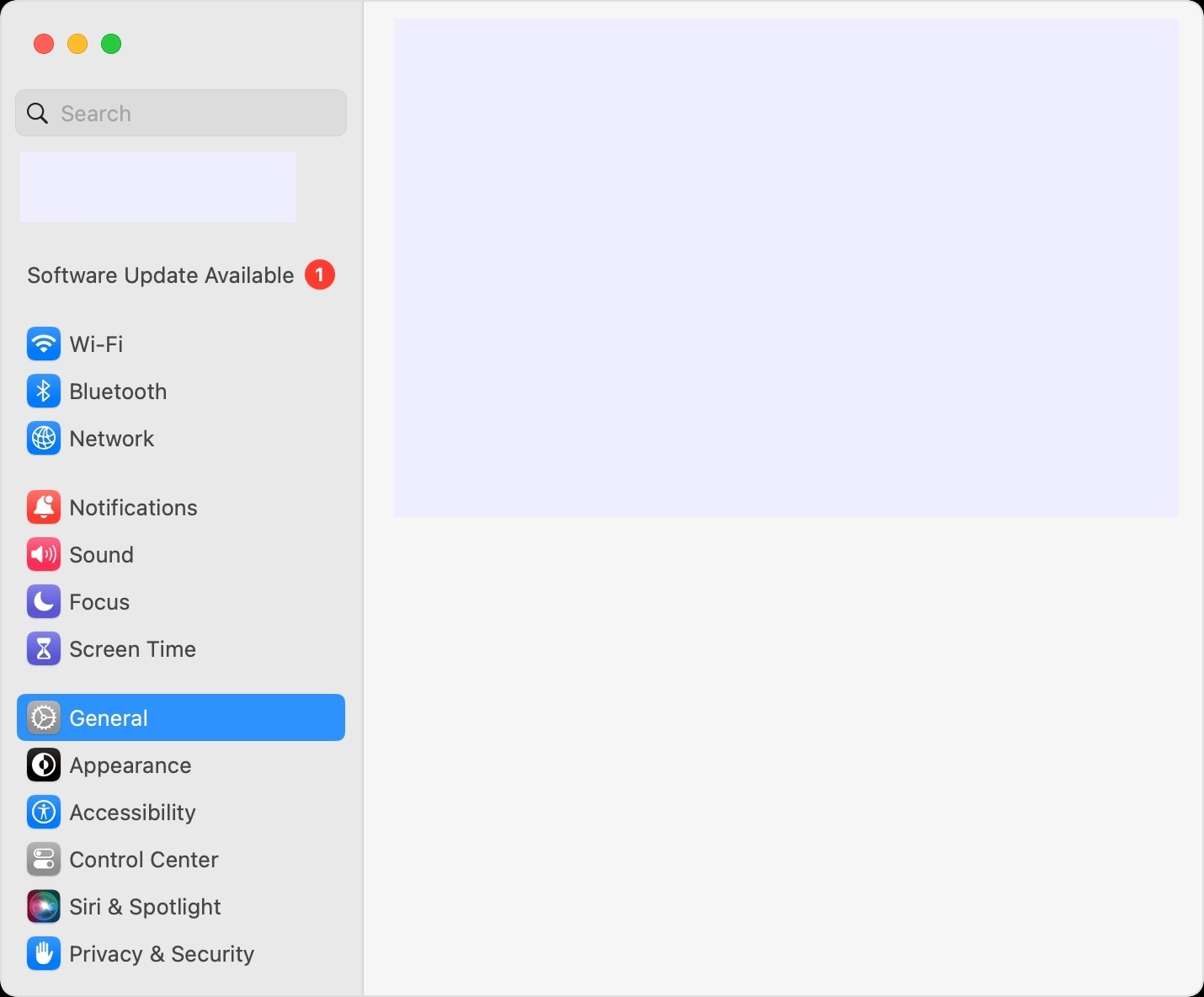 General settings are open on a Mac. Click on the Apple menu, followed by System Settings and the General tab to disable or reset Handoff & Continuity.
