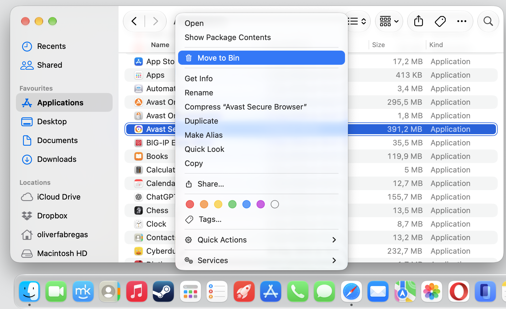 Finder right-click menu on a MacBook with Move to Bin selected to delete Avast Secure Browser from the Applications folder.